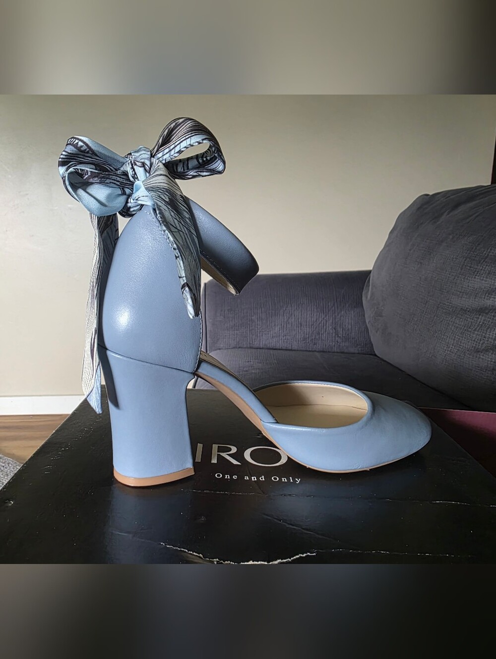 Girotti Sky Blue Block Heel Pumps with Bow Ankle Tie 8.5 US